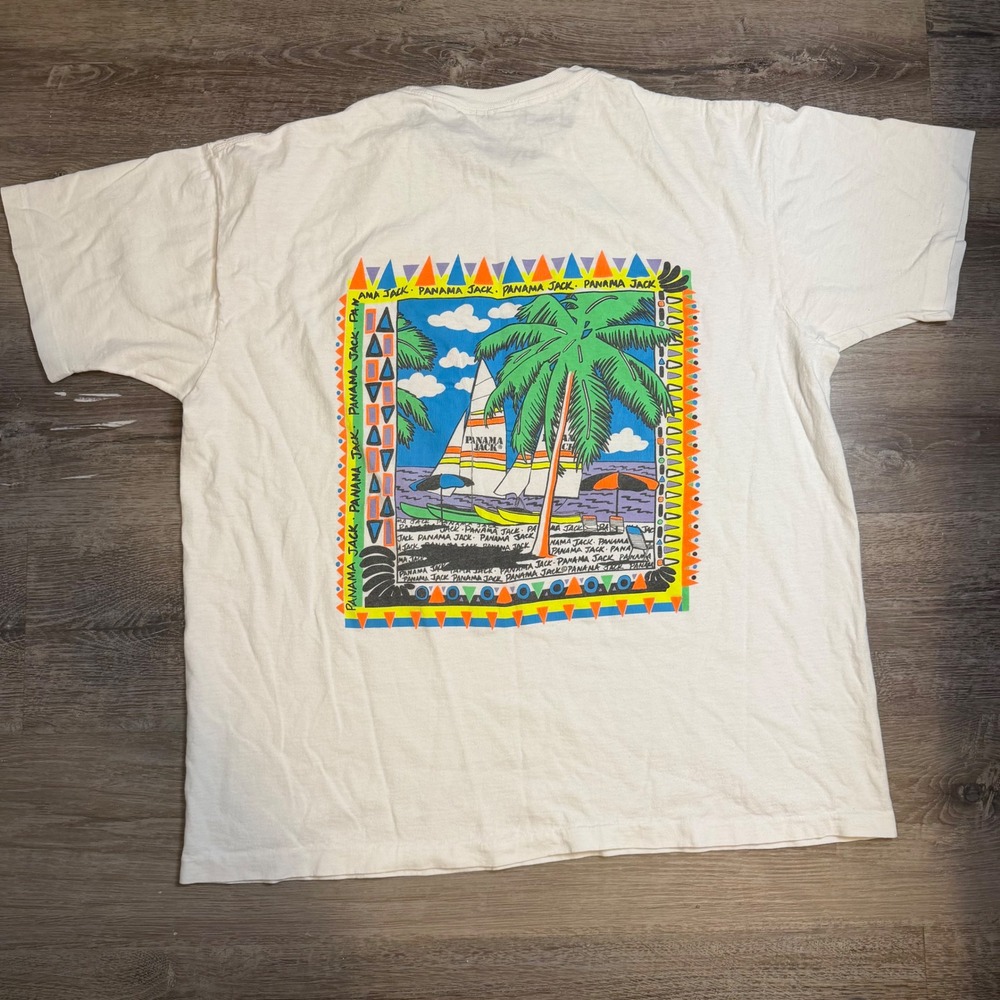Vintage Panama Jack Graphic T-Shirt Off White 90s Tropical Surf Single Stitch OS